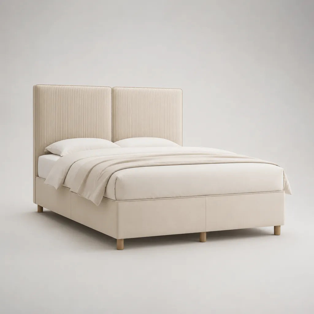 Polsterbett Doppelbett 180 x 200 cm in Creme/Beige mit hohem Cord-Kopfteil, Gesamtmaß 215 x 190 x 140 cm