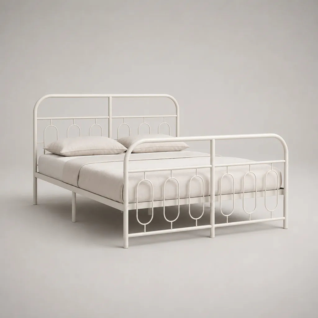 Metallbett-Doppelbettgestell aus pulverbeschichtetem Stahl, Weiß, Liegefläche 140 × 200 cm, Gesamtmaß 208 × 148 × 110 cm