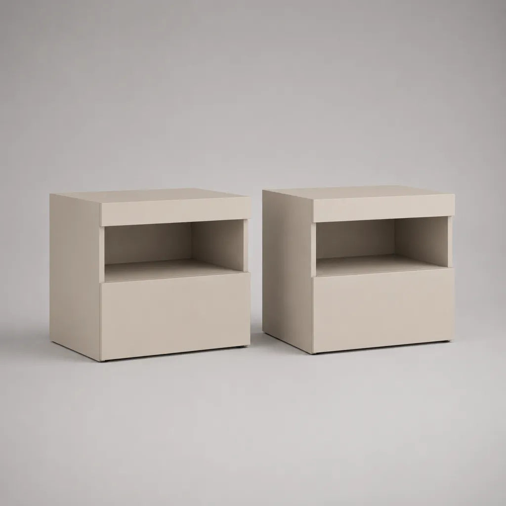 2-teiliges Nachttisch-Set aus Holz, Beige, mit je 2 grifflosen Schubladen und offenem Fach, 50 × 40 × 55 cm