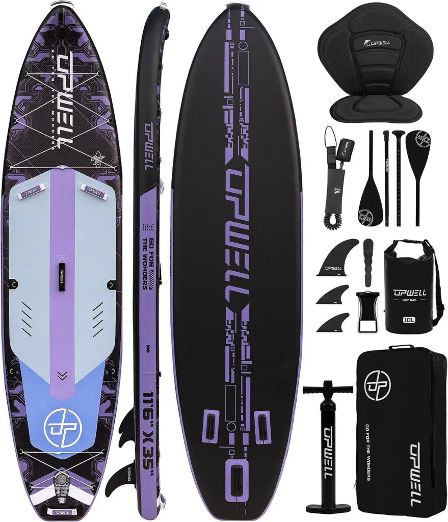 UPWELL 350x89 cm Breites SUP-Board mit Sitz für Erwachsene & Jugendliche, Aufblasbares 2+1 Board mit Zubehör, Rucksack, Paddel, Leash, Pumpe, Finnen