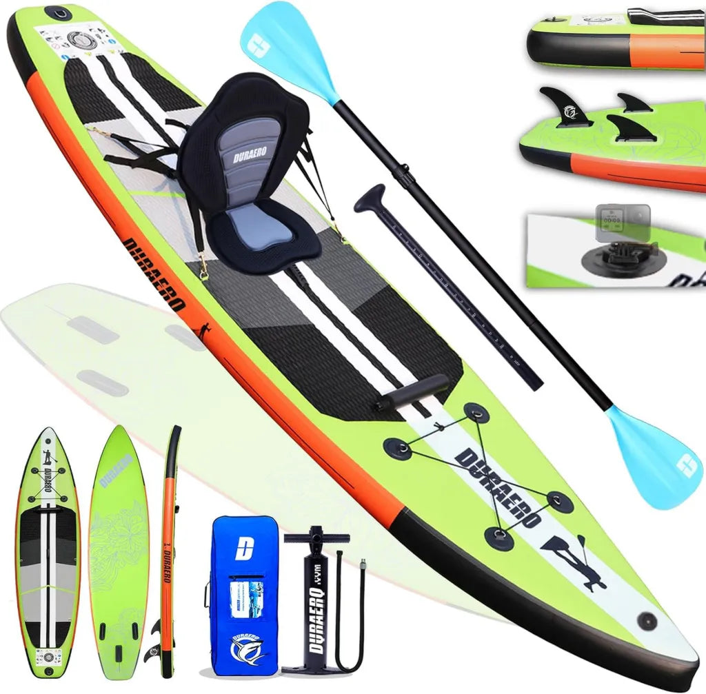 Aufblasbares SUP Set mit Kajaksitz, 330x76x15cm, bis 150kg, Kamerahalterung, Kick-Pad, 3 Finnen, Verstellbares Paddel und Zubehör
