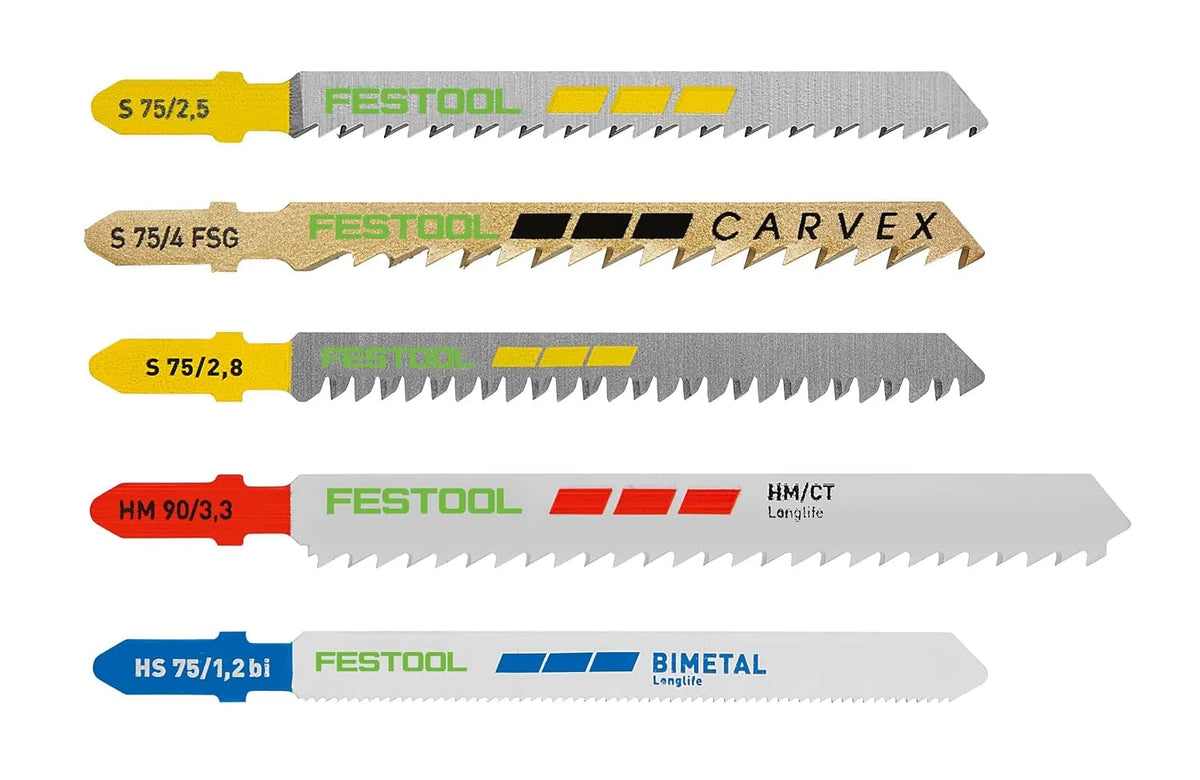 Stichsäge für präzise Kurvenschnitte und saubere Ausschnitte im Werkstück; Festool Stichsägeblatt-Set STS-Sort/21 W/P/M