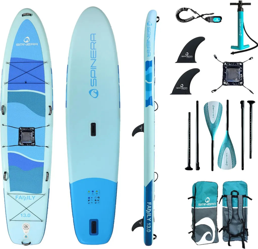 Spinera Family SUP 13.0 – Aufblasbares SUP Familienboard für 2-3 Personen oder Haustier, 396x86x15 cm, 250 kg Tragkraft, Ideal für See, Fluss & Meer, Inklusive 2 Paddel
