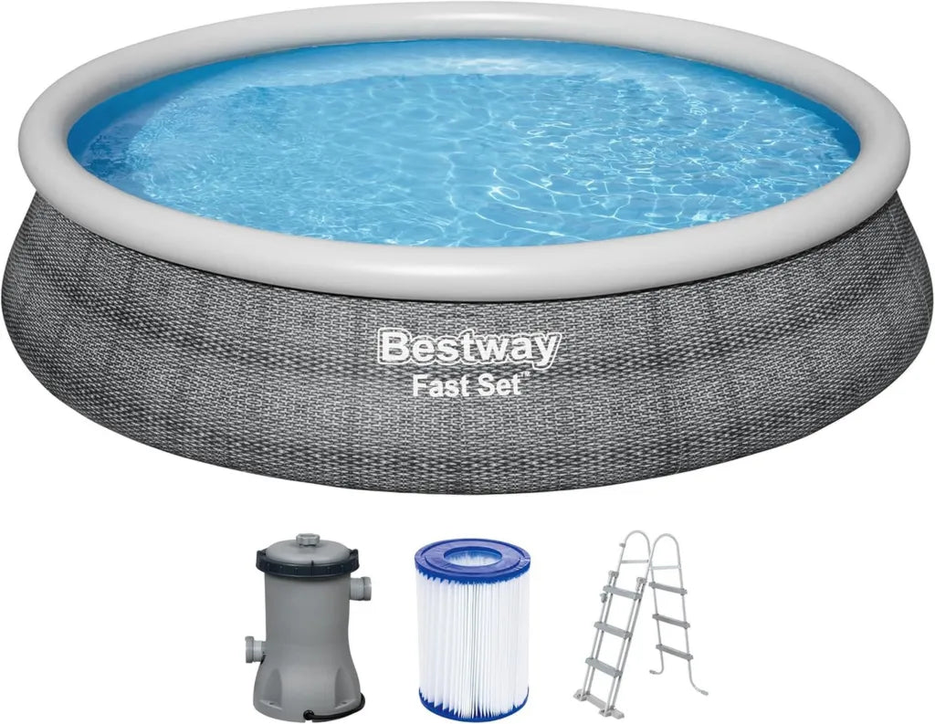 Bestway Aufstellpool Rund 457 x 107 cm mit Filterpumpe, Rattan-Design, Grau