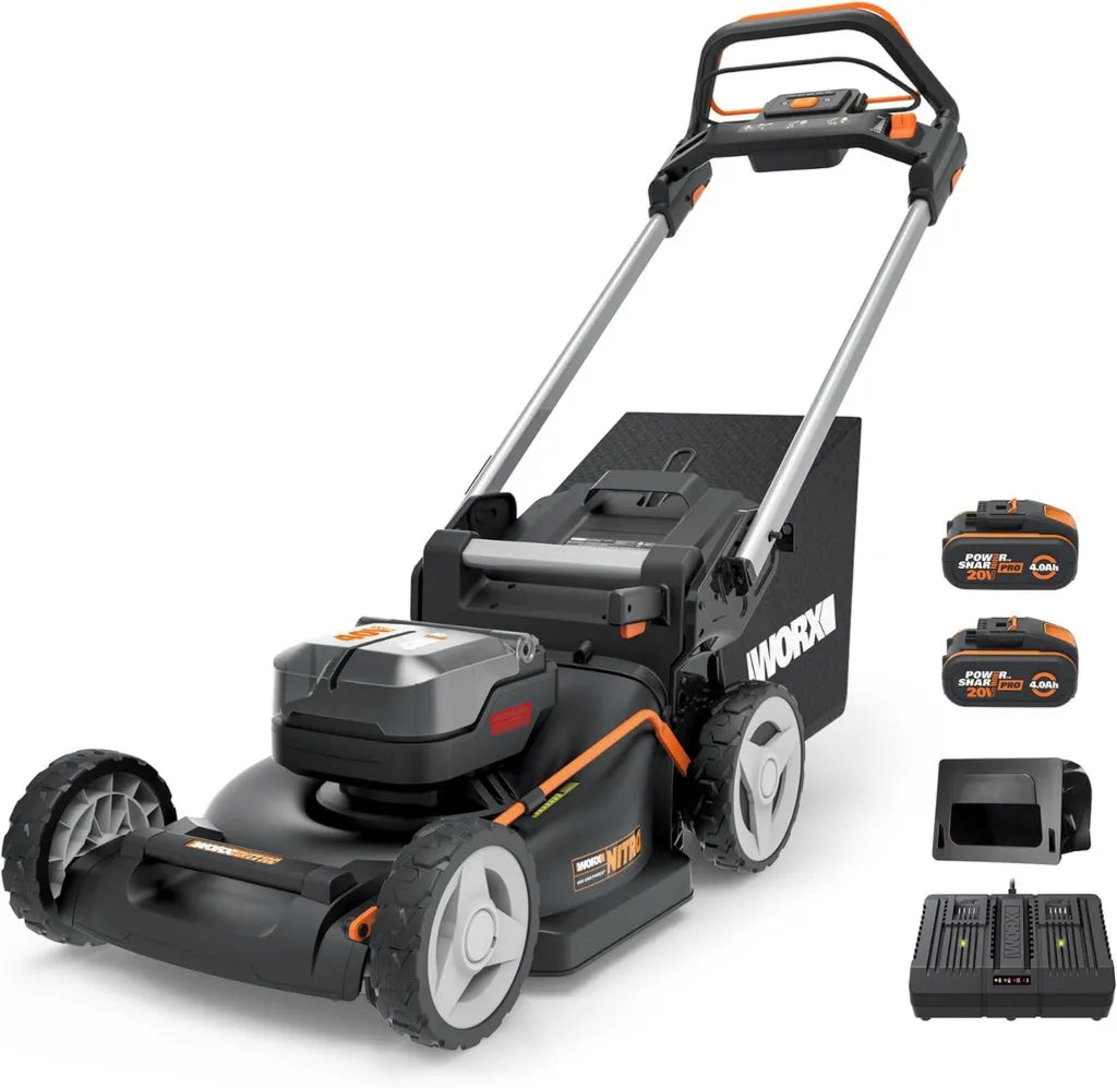 WORX WG749E 40V Akku-Rasenmäher mit Antrieb, bürstenlosem Motor, 46 cm Schnittbreite, 7-fache Schnitthöhenverstellung, inkl. 2 Akkus und Ladegerät, Schwarz