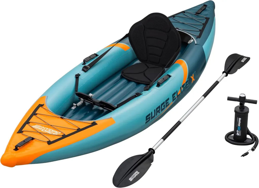 Bestway Hydro-Force Kajak Surge Elite X1 für 1 Person, 312x94x30 cm, bis 130 kg, robust, verstellbarer Sitz, Zubehör inkl. Finnen, Paddel, Pumpe, Rucksack