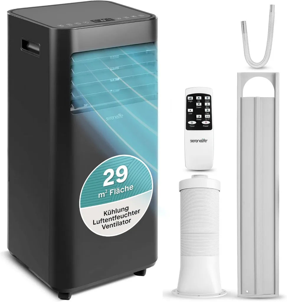 Mobiles Klimagerät 7000 BTU 2,0kW Schwarz - 3-in-1 Klimaanlage mit Entfeuchter, Ventilator und Abluftschlauch, für Räume bis 28 m², leise 54 dB, mit Fensterkit und Fernbedienung