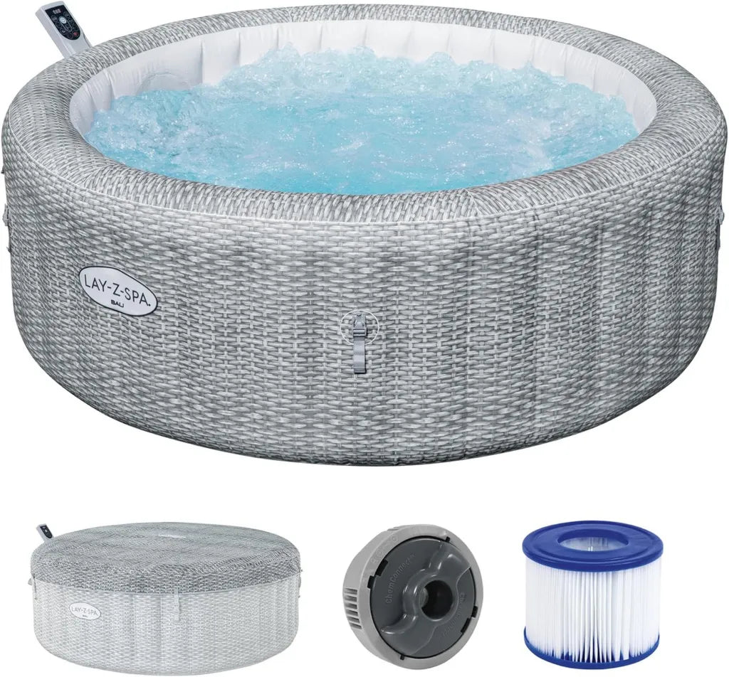 Bestway Lay-Z-SPA Energiespar-Whirlpool Bali, Ø196x71 cm, 6 Personen, Frostschutz, 140 AirJets, App-gesteuert, UltraFit-Pumpe, Thermo-Abdeckung, Rattan-Optik, GS-geprüft
