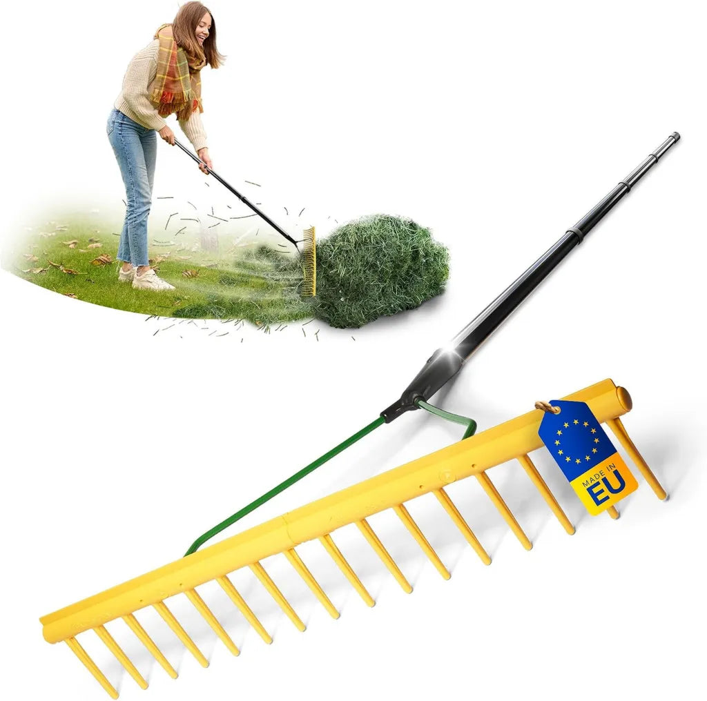 Novatool Gartenrechen-Set mit 16 Zinken, 4-teiligem Griff und 64,5 cm Arbeitsbreite, Kunststoff und Metall, Laubsammler in Gelb