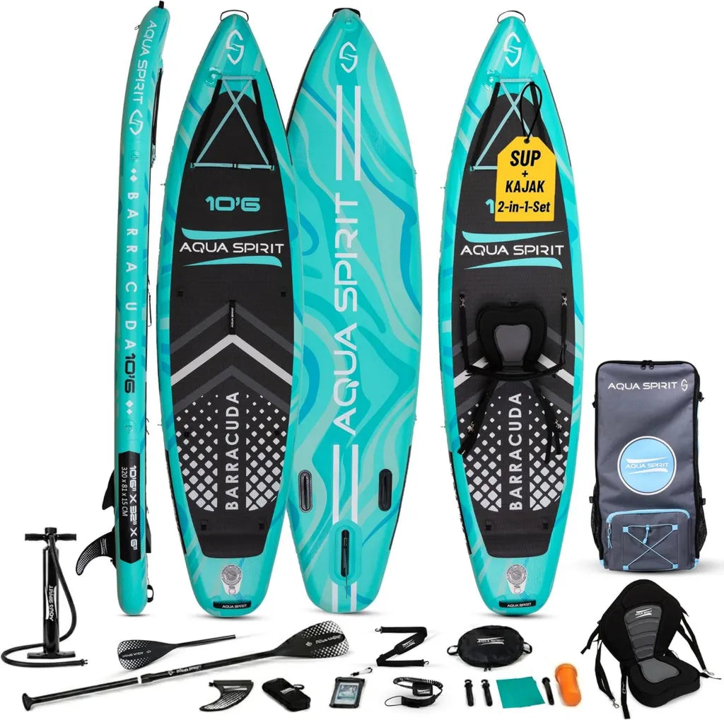 Aqua Spirit Aufblasbares SUP Board mit Kajaksitz, 320x81x15cm, bis 150kg, inkl. Doppelpaddel, Pumpe, Tasche & Zubehör
