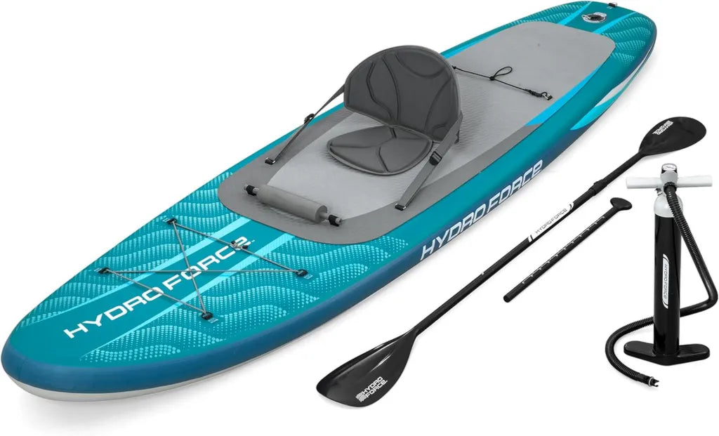 Bestway Hydro Force aufblasbares SUP-Set Aqua Drifter mit Sitz, 335 cm, bis 150 kg, FortiFiber, rutschfest, inkl. Pumpe, Paddel, Rucksack und Leash