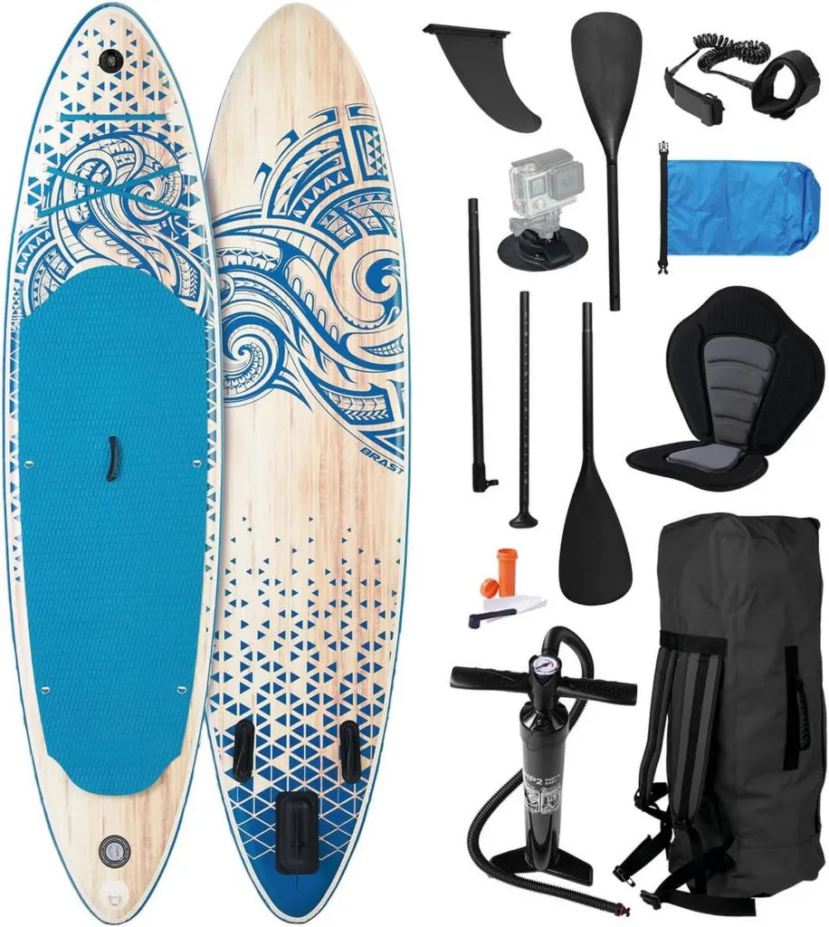 BRAST Stand Up Paddle Board Set 320x81x15cm | Aufblasbares SUP mit 2-in-1 Paddel, Kajak-Sitz & Action-Cam-Halterung | Echtholz-Optik | 5 Jahre Garantie