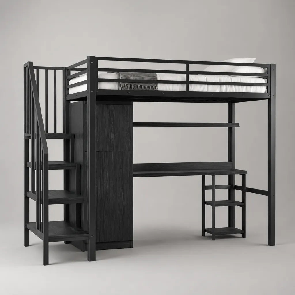 Kinderhochbett mit Schreibtisch, Schrank, Treppe und Regalen aus Massivkiefer und MDF, Schwarz, Liegefläche 90 × 200 cm, Gesamtmaß 250 × 125 × 190 cm