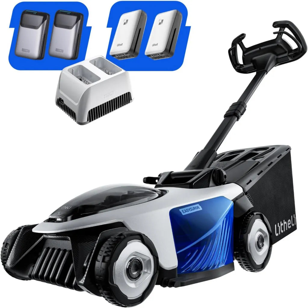 Litheli Easysurge Elektro-Rasenmäher mit Antrieb, 43 cm Schnittbreite, inkl. Akku und Ladegerät, geeignet für bis zu 500 m², 50L Fangkorb, 25-75 mm Schnitthöhe, mit 4x 20V/4,0 Ah Akkus