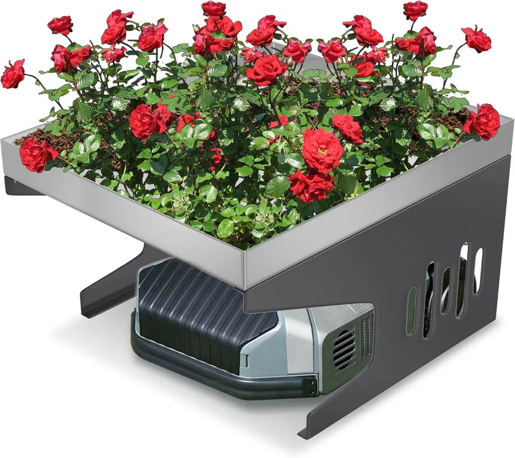 Wetterfeste Mähroboter-Garage mit Pflanzkasten – Metall, 70x60x43cm, Regenschutz & Sonnenschutz für Rasenroboter (Silber)