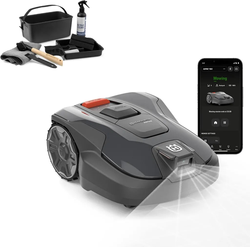HUSQVARNA Automower Aspire R6V – Intelligenter Mähroboter mit KI-Vision, GPS-Navigation und App-Kontrolle für bis zu 600 m², inklusive Reinigungsset