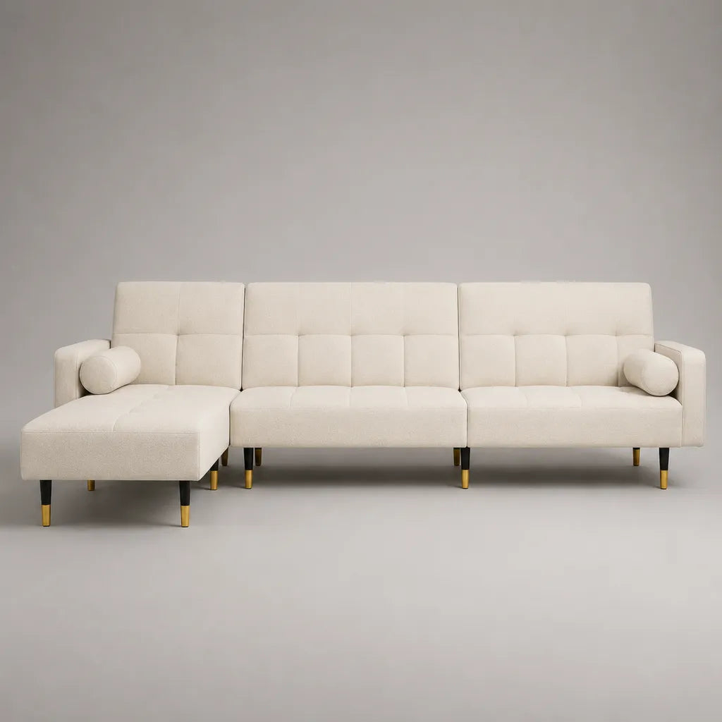 4-Sitzer Ecksofa mit Ottomane links, Polyester-Chenille, L-Form, Creme, 282 × 156 × 86 cm