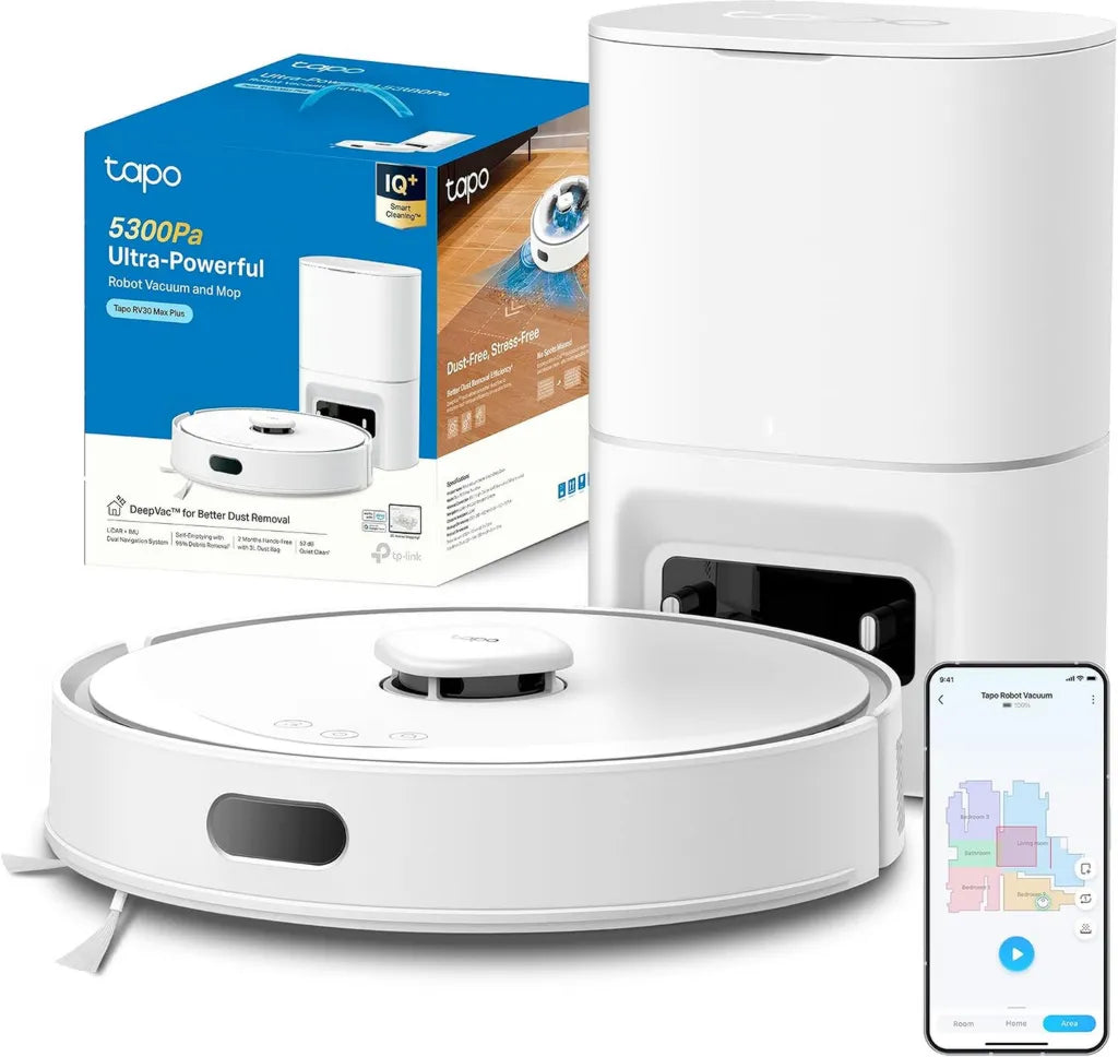 Tapo RV30 Max Plus Saugroboter mit Wisch- und Staubabsaugstation, 5300Pa Leistung, Dual-Navigation, Sprachsteuerung