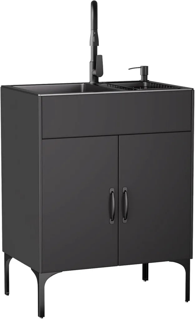 Freistehende Küchenspüle mit Schrank und Mischbatterie, Edelstahl, für Innen- und Außenbereich, Schwarz, 75x41x85cm
