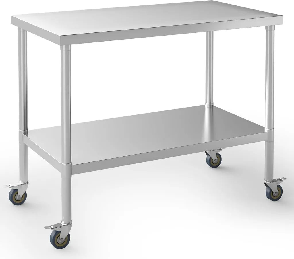 Professioneller Edelstahl-Arbeitstisch mit Rollen, 250kg Belastbarkeit, höhenverstellbar für Restaurantküchen (90x60x85cm)
