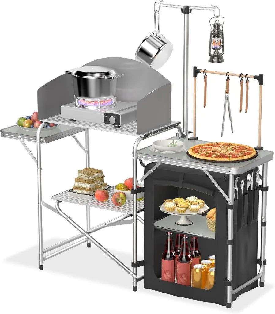 FIVMEN Tragbare Campingküche mit Aluminiumgestell, klappbare Arbeitsflächen und Stauraum