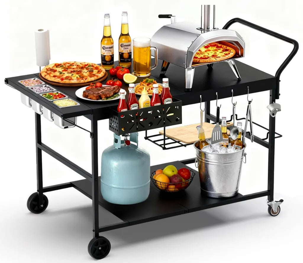 Pizzaofentisch mit Belagstation, Outdoor-Pizzaofenwagen, Grilltisch für Blackstone-Grillplatte, Pizza-Vorbereitungsstation mit Stauraum und Gewürzablage, geeignet für Ninja, Cuisinart, Gozney