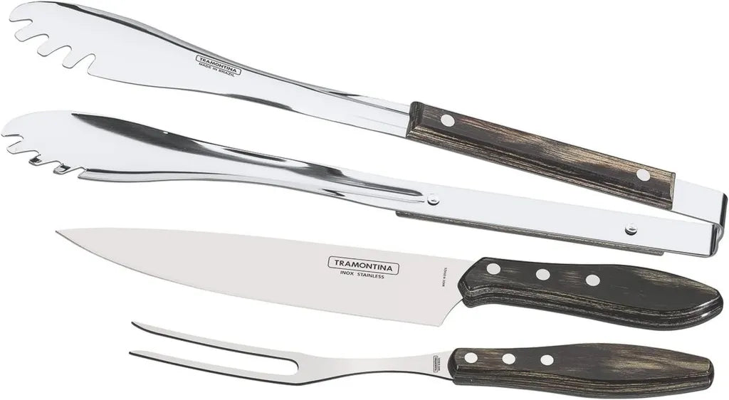 Tramontina Grillbesteck 3-teilig: Edelstahl Grillzange, Tranchiermesser & Gabel, FSC-zertifiziert, Braun