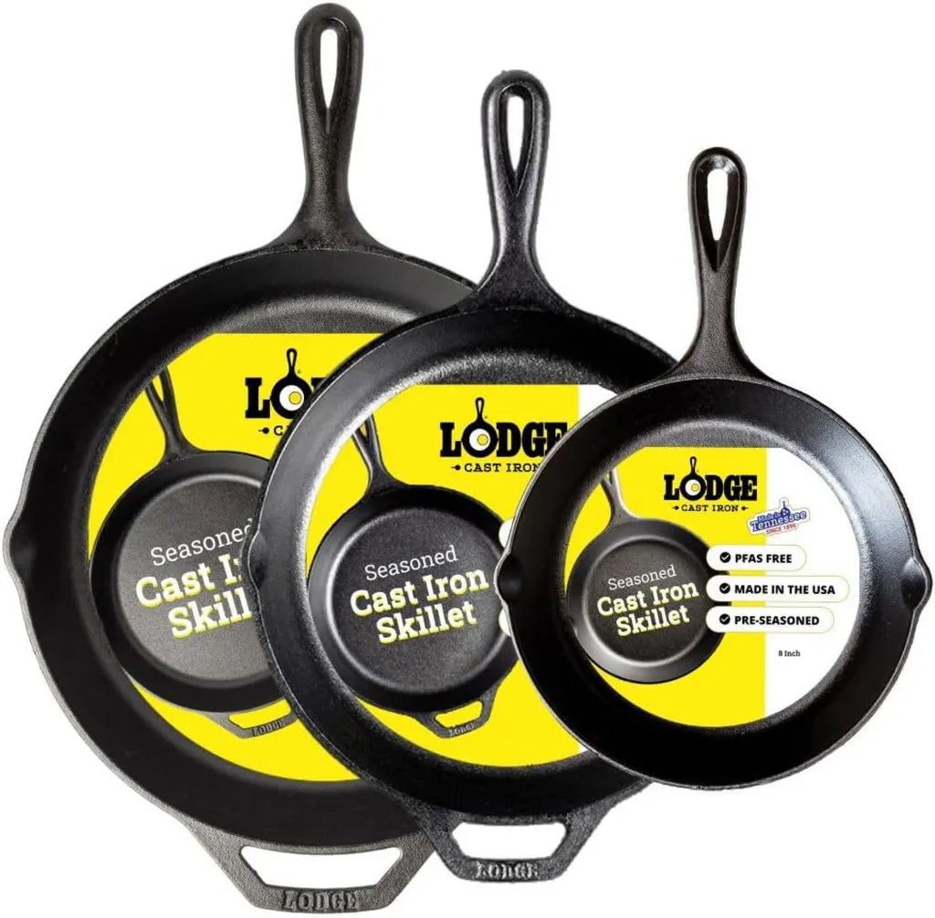 Lodge 3-teiliges Set aus vorgebranntem Gusseisen, inklusive 20 cm und 30 cm Pfannen