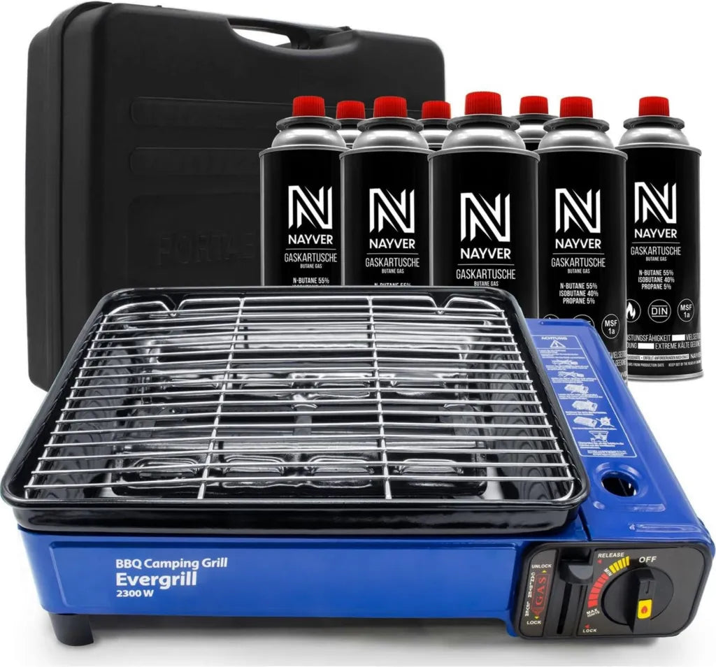 Mobiler Camping Gasgrill Evergrill inkl. 8 Gaskartuschen und Transportkoffer