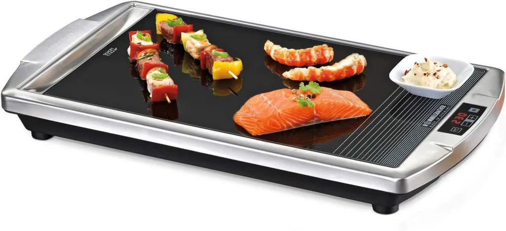 ROMMELSBACHER Elektrischer Grill mit SCHOTT CERAN Grillfläche, 80-280 °C regelbar, LED-Anzeige, Touch-Bedienung, Fettablaufrinne, Edelstahl, Made in Germany