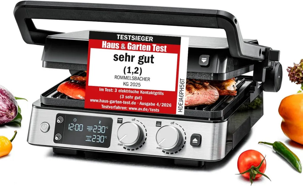 ROMMELSBACHER Multifunktionsgrill KG 2025 mit 15-stufiger Temperaturkontrolle, PFAS-freie Antihaft-Keramik, unabhängige Grillplatten, Fettableitung