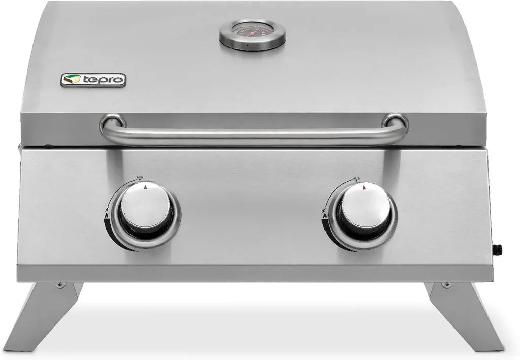 Kompakter Tepro Tischgasgrill Chicago mit 2 leistungsstarken Brennern, Piezozündung und Thermometer, Silber