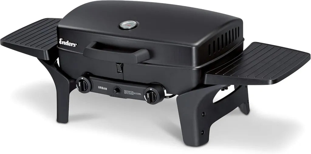Enders Gasgrill URBAN mit 2 Edelstahlbrennern, vielseitiger Tischgrill für Balkon und Camping, integriertes Thermometer, robustes Aluguss-Gehäuse und Gusseisenrost