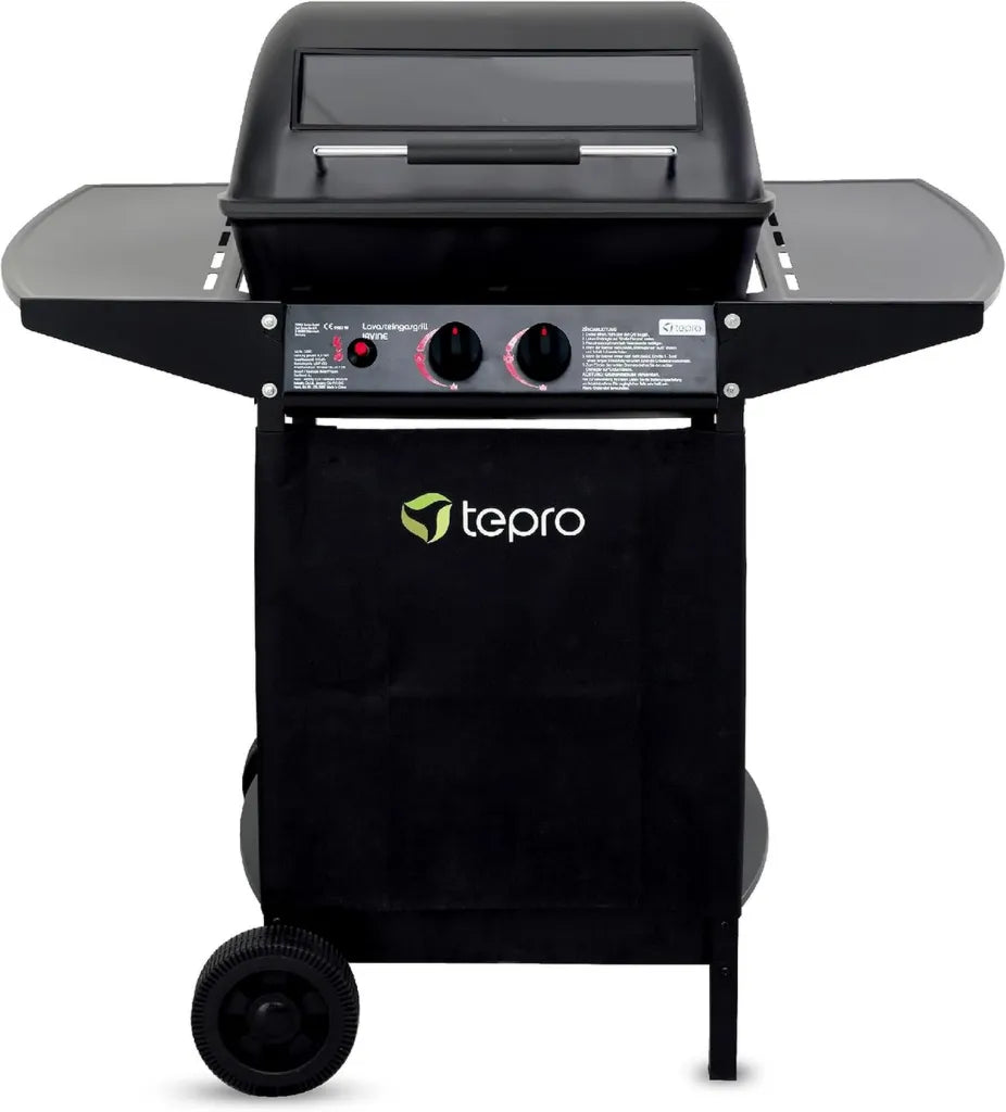 Tepro Gasgrill Irvine mit Lavasteinen, Edelstahl-Doppelbrenner, 5,4 kW, Piezozündung, mobiler Grillwagen, Schwarz