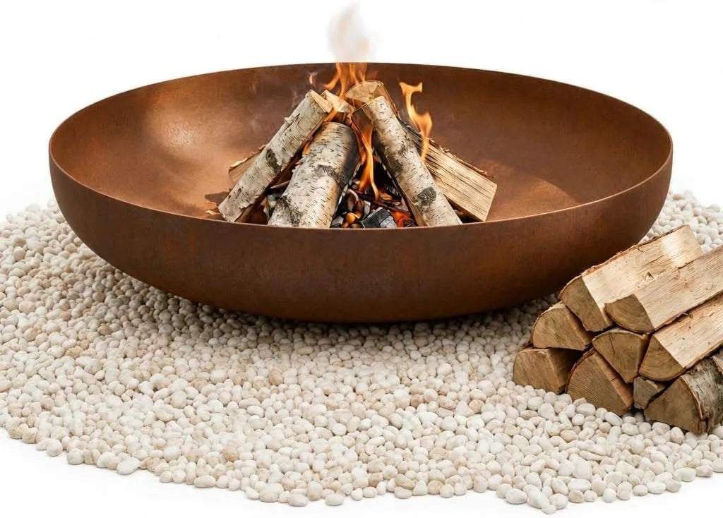 BOGATECO Cortenstahl Feuerschale 120 cm | Robuste Feuerstelle für Garten und Terrasse | Runde Outdoor-Feuerschale in Rostoptik | Wetterfest mit Ablaufsystem
