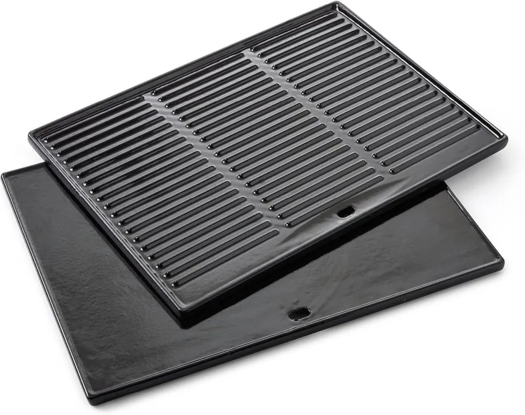 Universal Gusseisen Grillplatte mit glatter und gerippter Seite, Plancha für Gasgrill, rechteckig, 43 x 35 cm, Schwarz