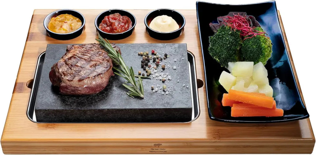 Lavasteingrill-Set mit Bambusbrett und Porzellanteller für Fleisch und Fisch