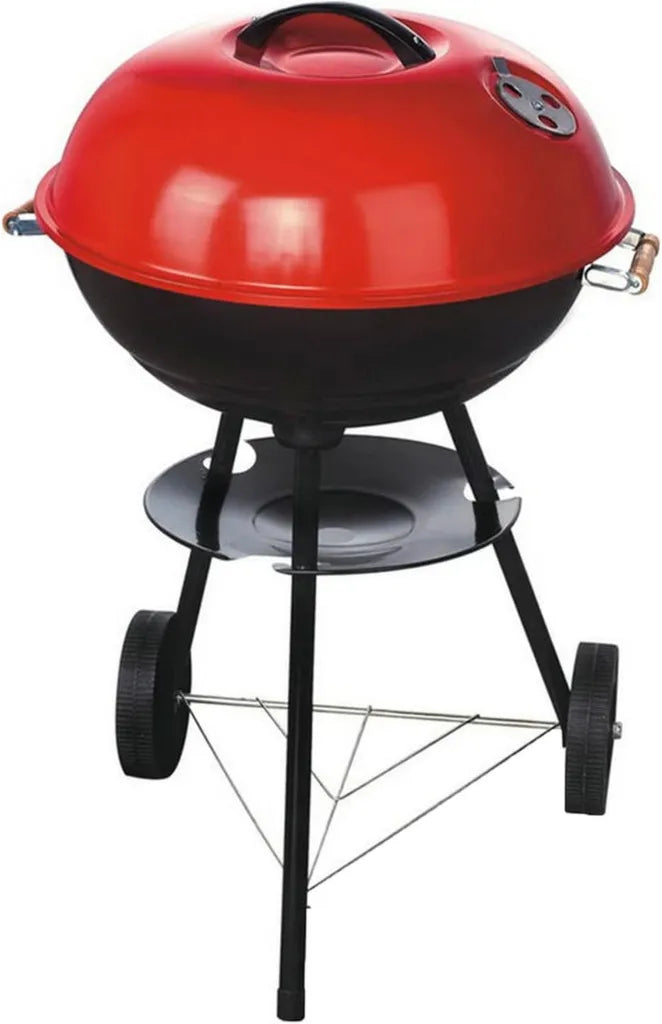 Mobiler Holzkohle-Kugelgrill Ø43cm für 3-5 Personen, Tragbarer Camping-Smoker mit Deckel für Garten, Picknick und Party, Rot