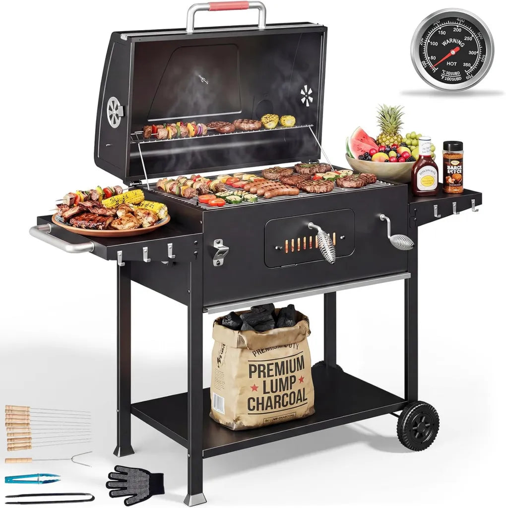 DEVOKO XXL Holzkohlegrill mit Deckel für Garten und Balkon, inklusive großem Grillrost und Thermometer