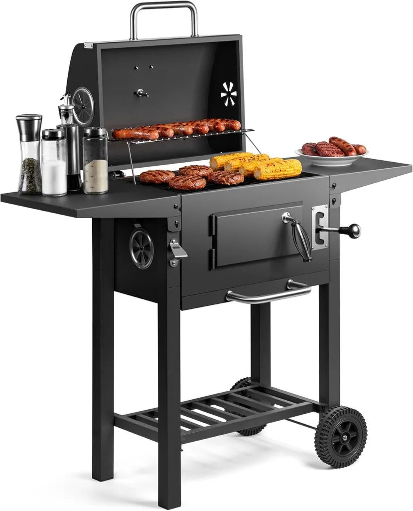 Tragbarer Holzkohlegrill mit Höhenverstellung und Seitentischen