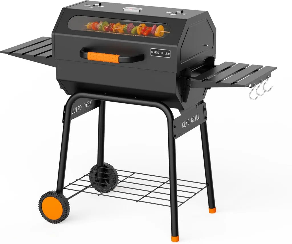 KEYO 23 Zoll Holzkohlegrill mit Sichtfenster und verchromtem Grillrost, perfekt für Garten und Terrasse