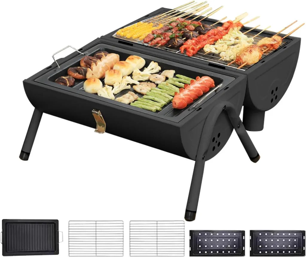 Tragbarer Fassgrill mit Deckel für BBQ, Picknick und Camping