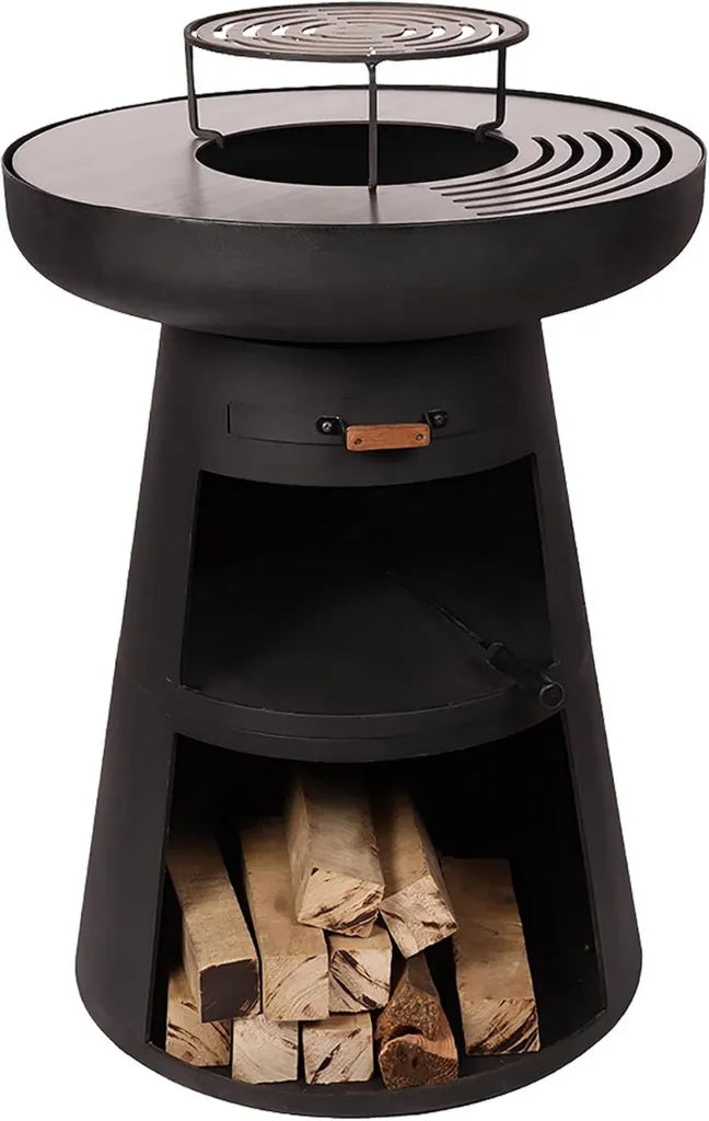 PURLINE | Multifunktionaler Stahlgrill mit Feuerstelle - Ø 60 cm, mit wasserdichter Abdeckung, Aschefach und Holzlager