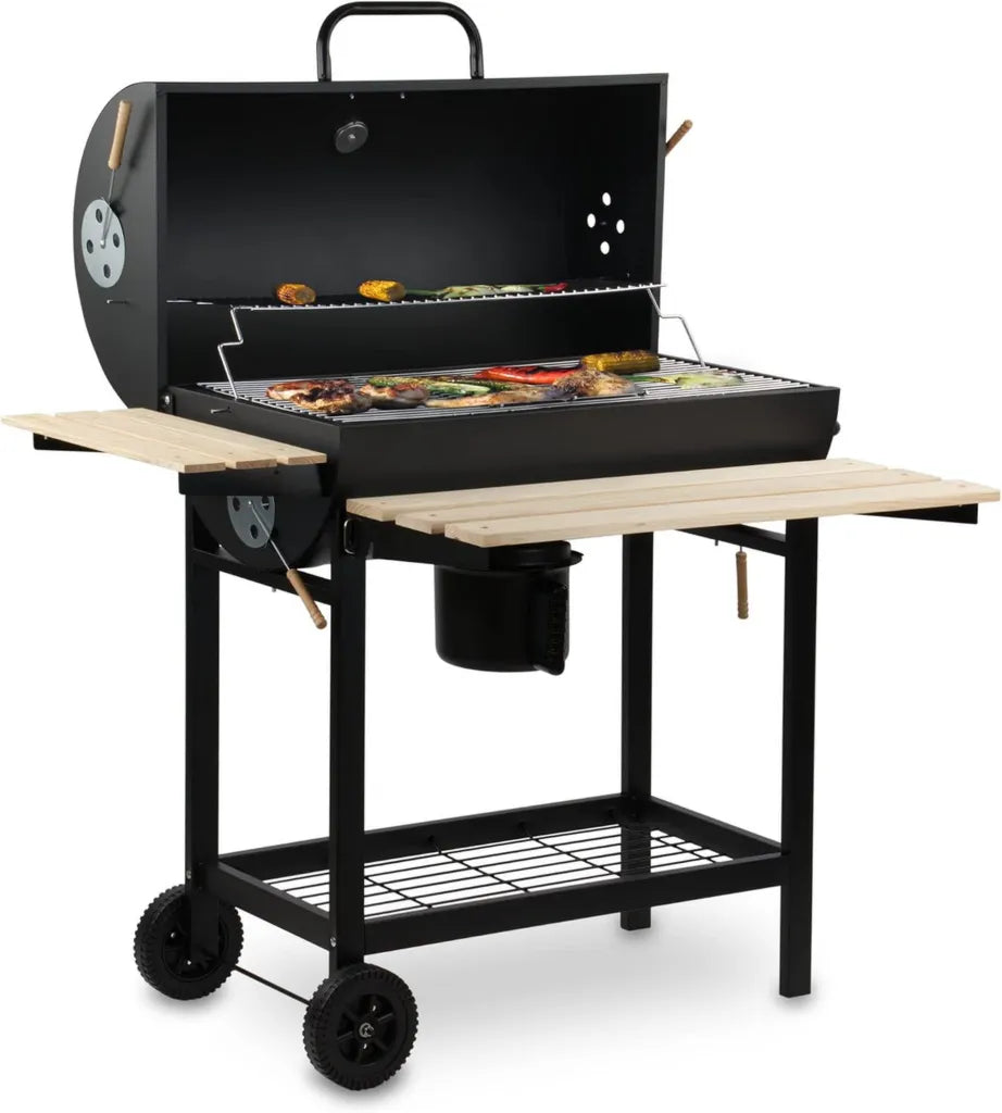 Premium Holzkohlegrillwagen mit Deckel und Ablagen - Thermometer & Warmhalterost