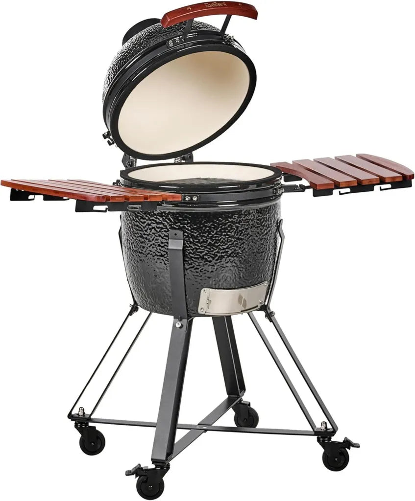 Kamado Keramikgrill mit Deckel und Thermometer, Schwarz, auf Rollen