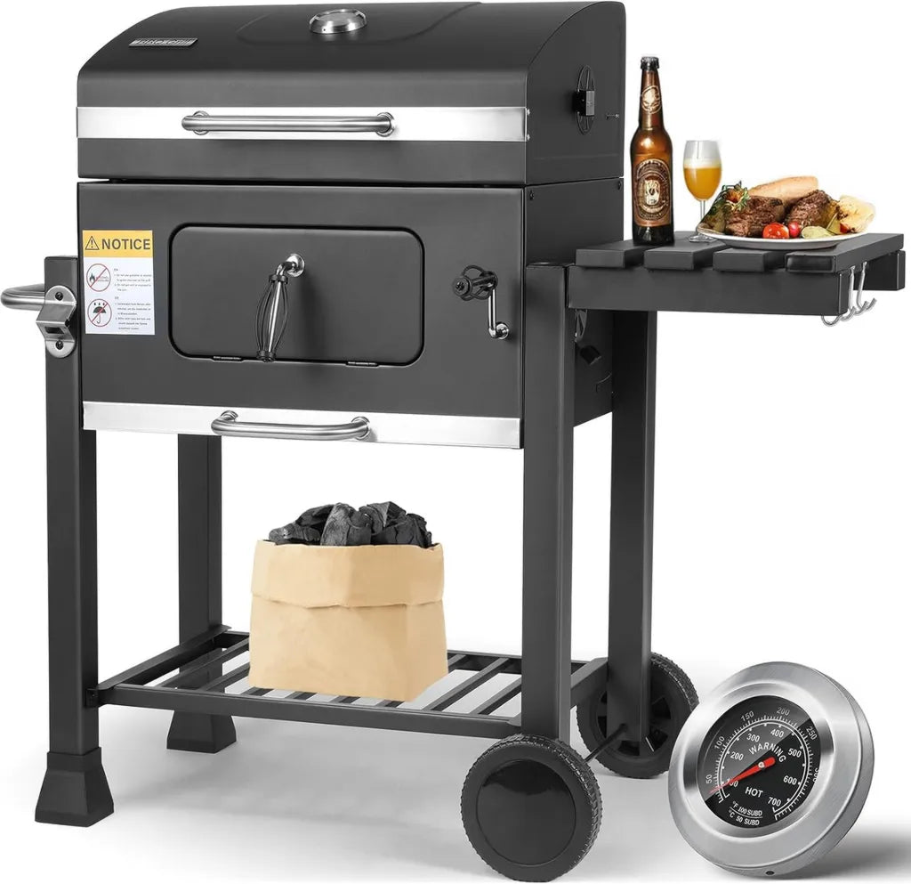 Großer Holzkohlegrill mit Deckel und Thermometer, ideal für Garten und Camping