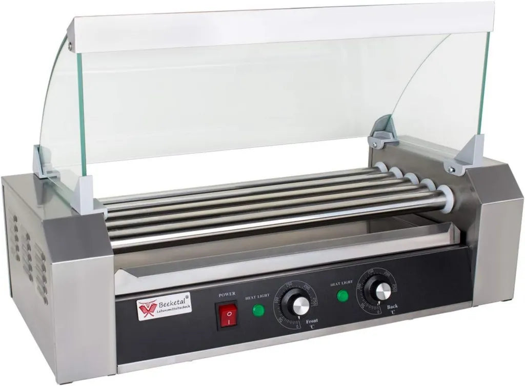 Beeketal Profi Hot Dog Grill mit Rotationsstäben, Edelstahl, Fettauffang und Glasabdeckung, separat regelbare Heizzonen
