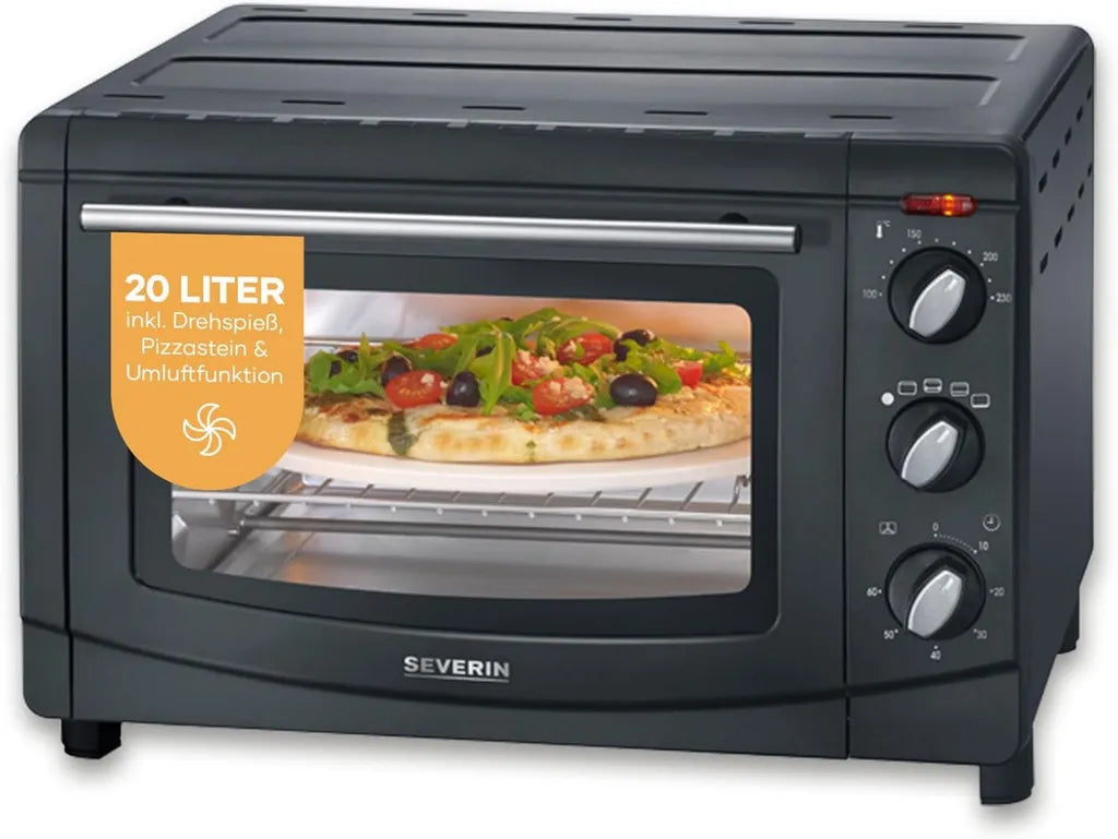 SEVERIN Umluft-Mini-Backofen, 20L, 1500W, mit Pizzastein und Drehspieß, schwarz