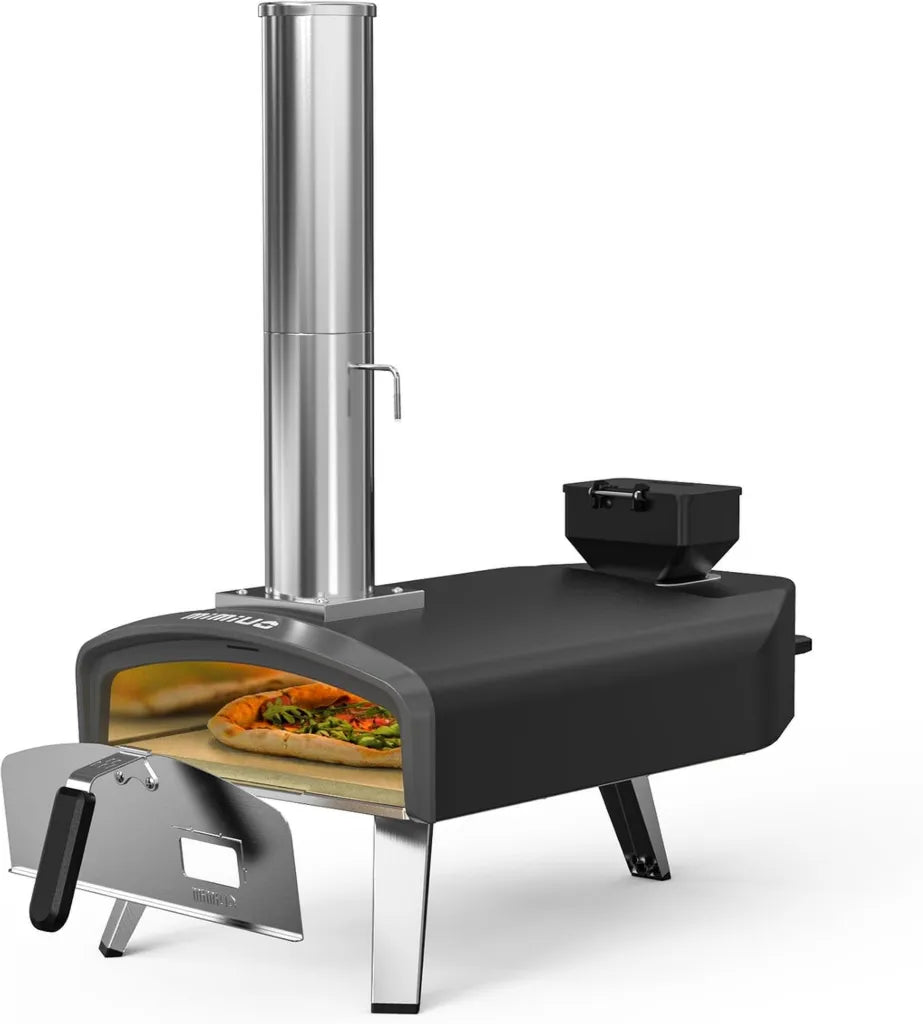 Mimiuo Tragbarer Pellet-Pizzaofen mit 33cm Stein, Ideal für Camping und Garten, Schwarz