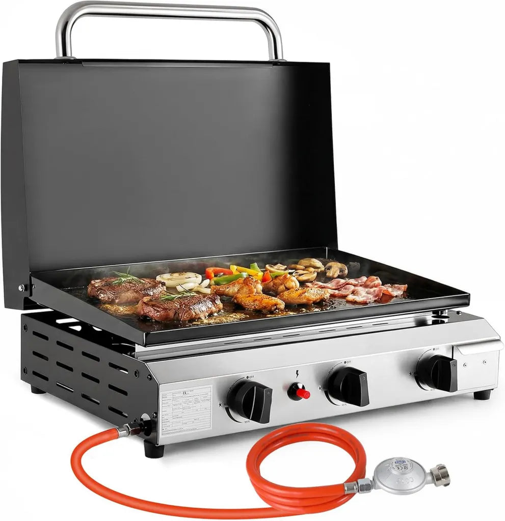 LIFERUN Kompakter Gasgrill mit 3 Edelstahlbrennern, 7,2 kW Leistung, Keramische Beschichtung, Ideal für Balkon und Camping